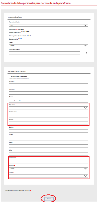 Formulario de alta de datos personales en la plataforma electrónica