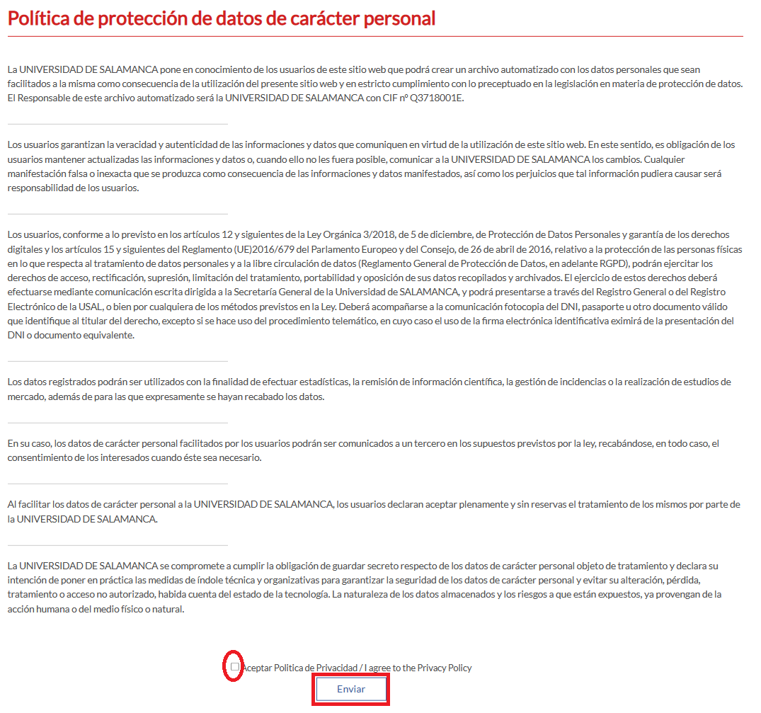 Texto Política de Protección de Datos de Carácter Personal